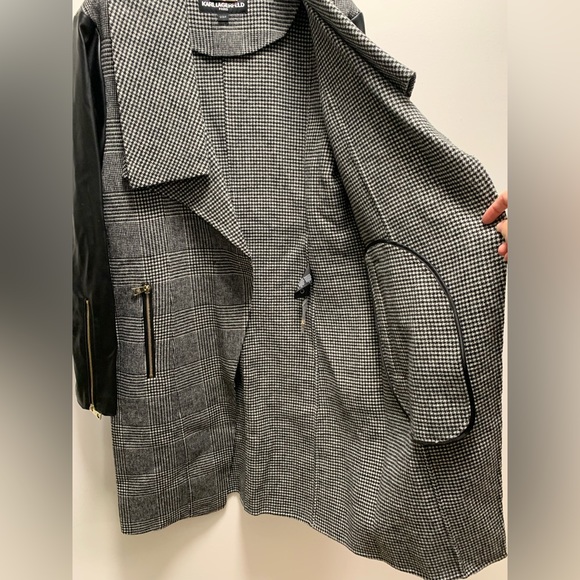 NEW KARL LAGERFELD PLAID WOOL DRAPE COLLAR FAUX LEATHER SLEEVE COAT SIZE:SMALL - Picture 11 of 16